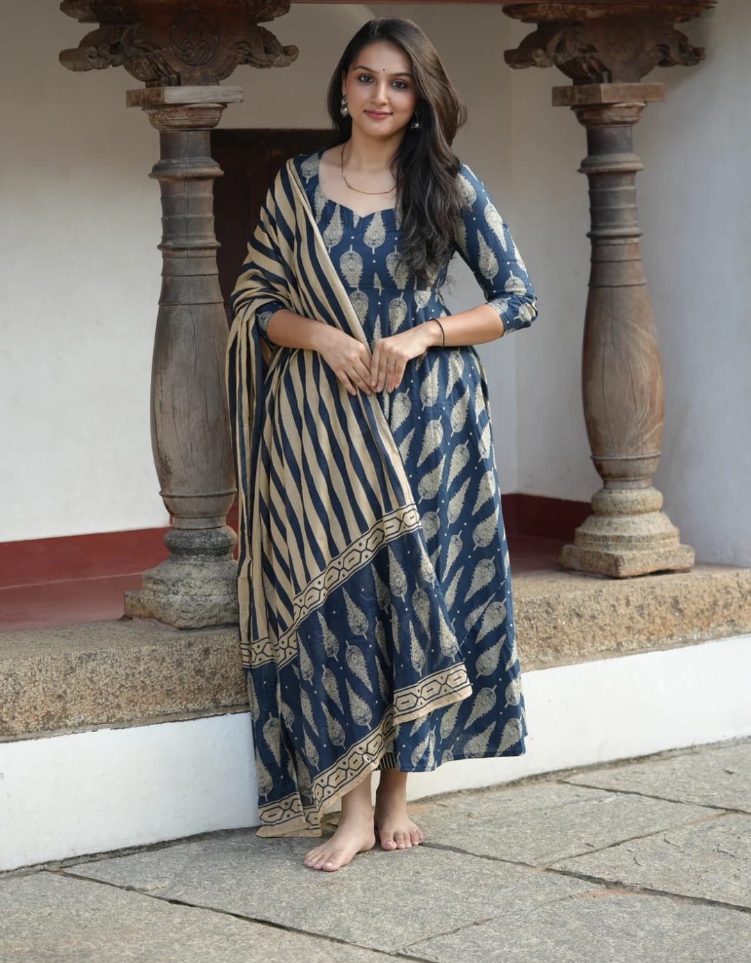 Sine Indigo Blue Cotton 4-Meter Full Flared Anarkali Suit Set with Malmal Dupatta
