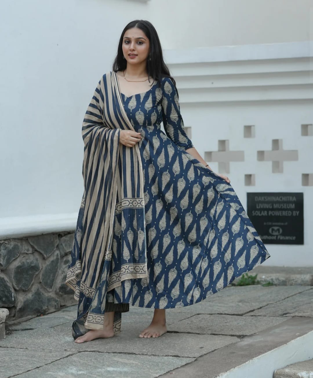 Sine Indigo Blue Cotton 4-Meter Full Flared Anarkali Suit Set with Malmal Dupatta