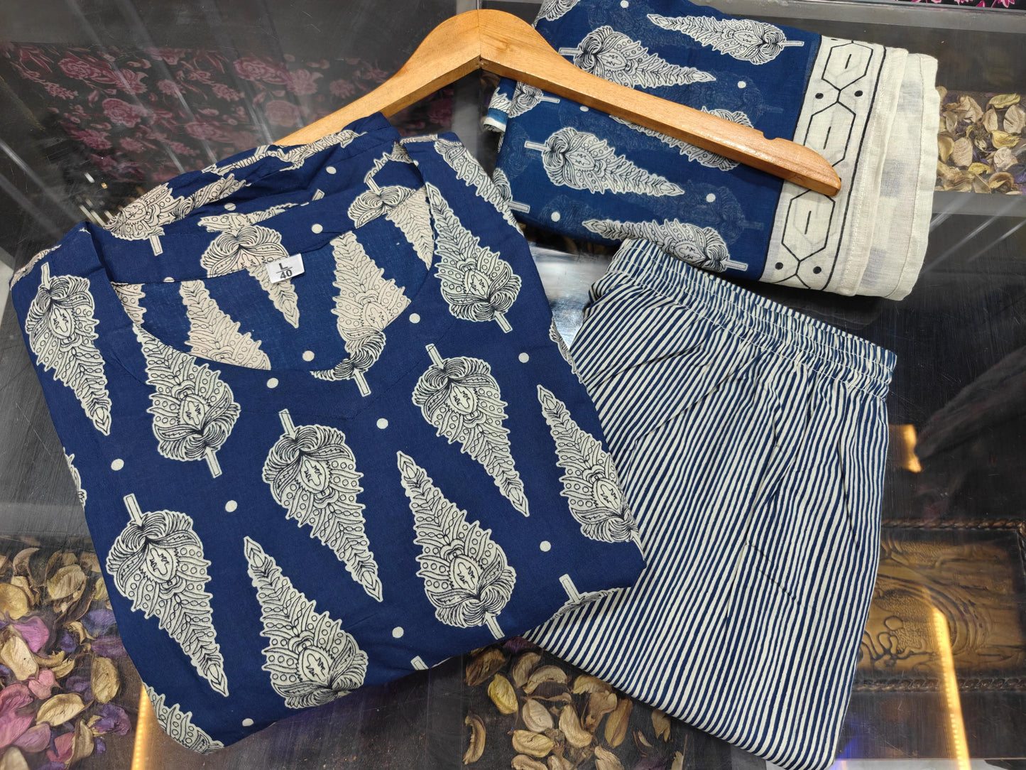 Sine Indigo Blue Cotton 4-Meter Full Flared Anarkali Suit Set with Malmal Dupatta