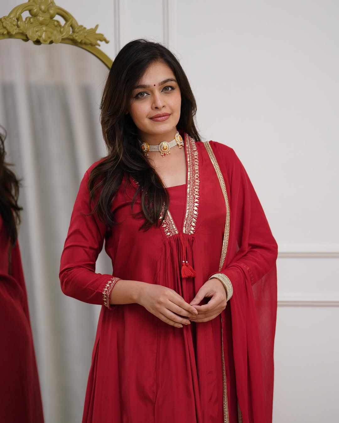 Ruby Red Cotton Flared Kurta Set with Zari Embroidered Neckline and Dupatta