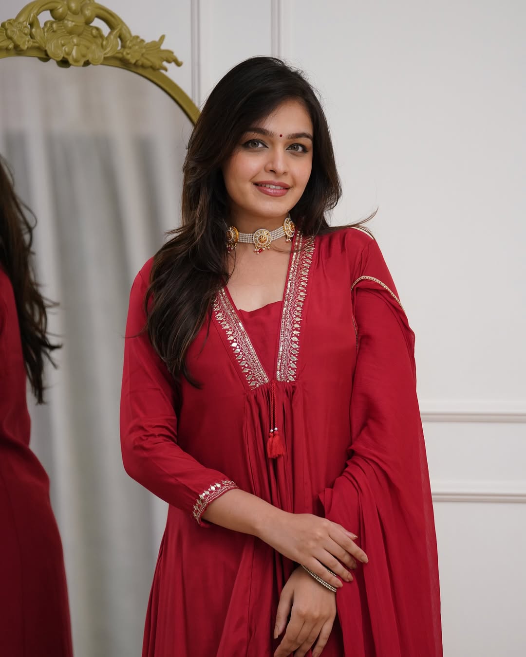 Ruby Red Cotton Flared Kurta Set with Zari Embroidered Neckline and Dupatta