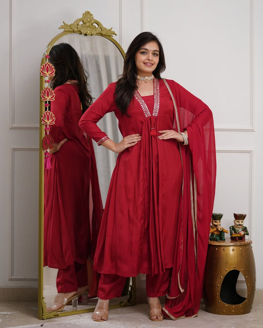Ruby Red Cotton Flared Kurta Set with Zari Embroidered Neckline and Dupatta