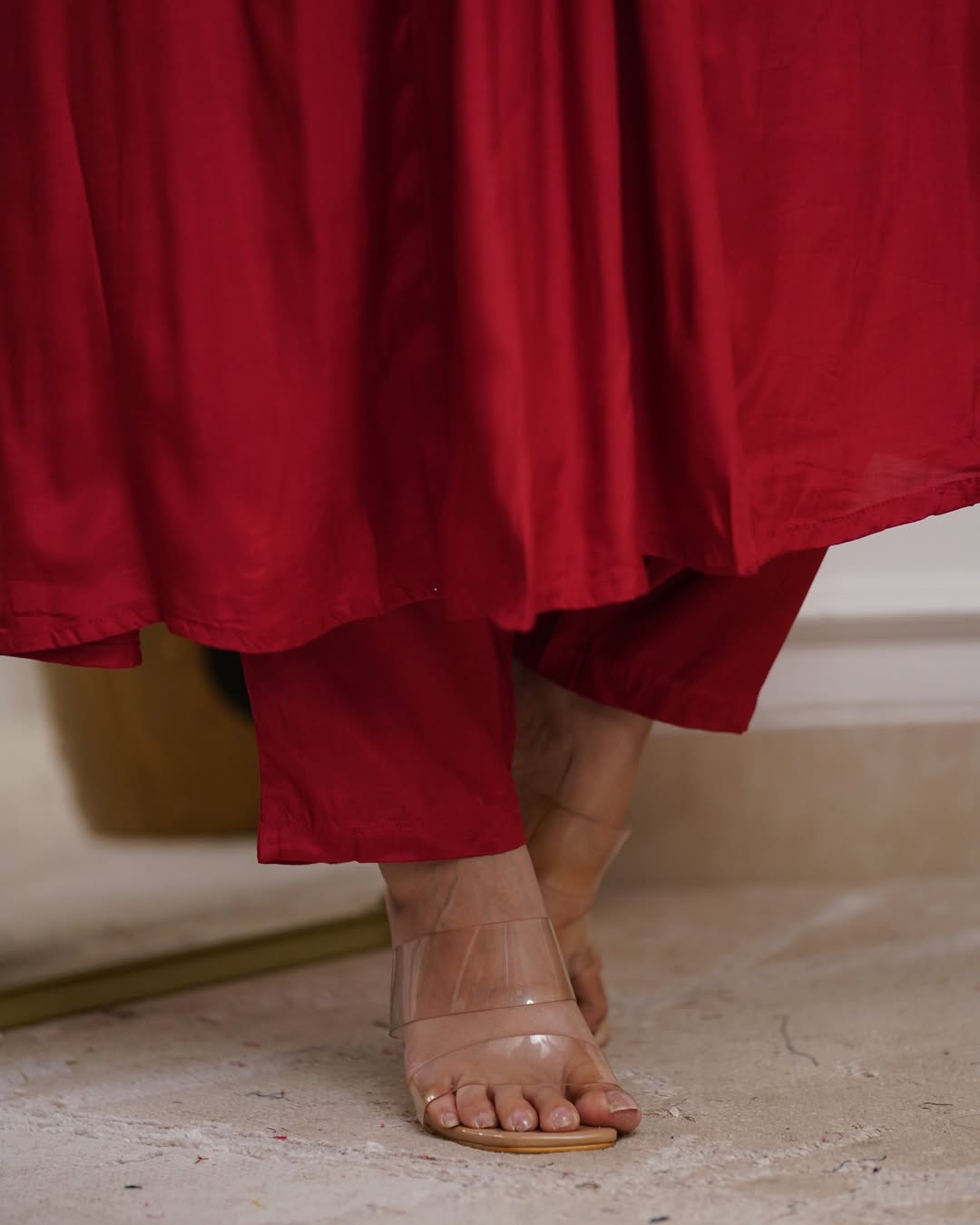 Ruby Red Cotton Flared Kurta Set with Zari Embroidered Neckline and Dupatta