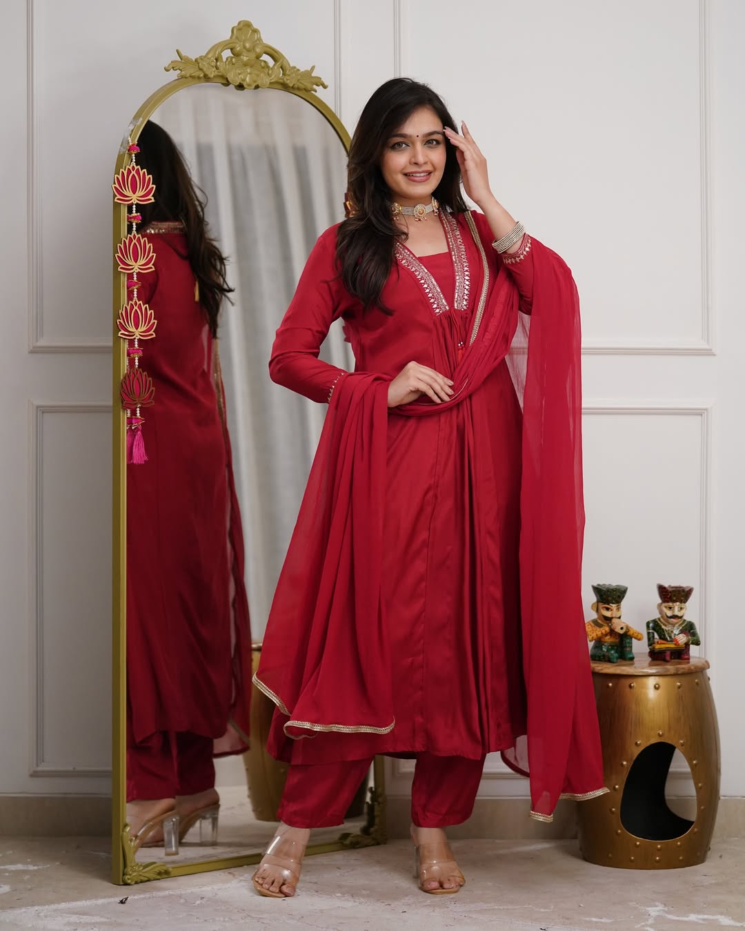 Ruby Red Cotton Flared Kurta Set with Zari Embroidered Neckline and Dupatta