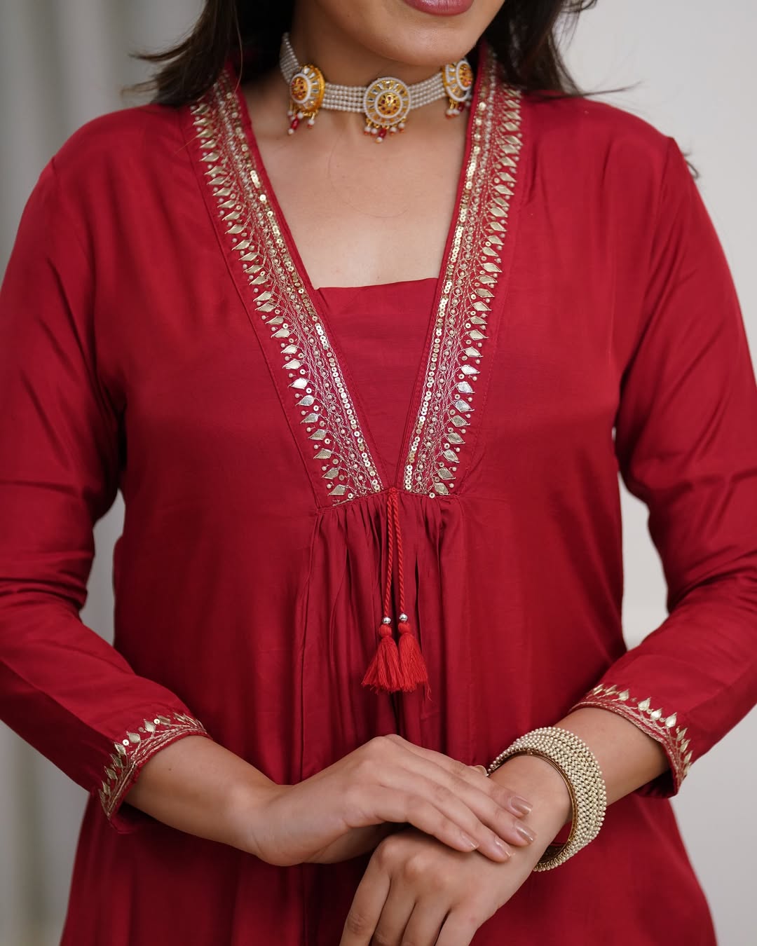 Ruby Red Cotton Flared Kurta Set with Zari Embroidered Neckline and Dupatta