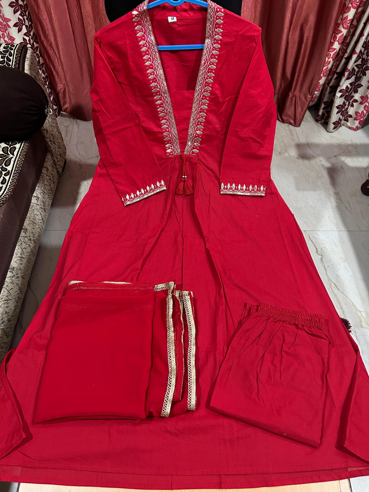 Ruby Red Cotton Flared Kurta Set with Zari Embroidered Neckline and Dupatta