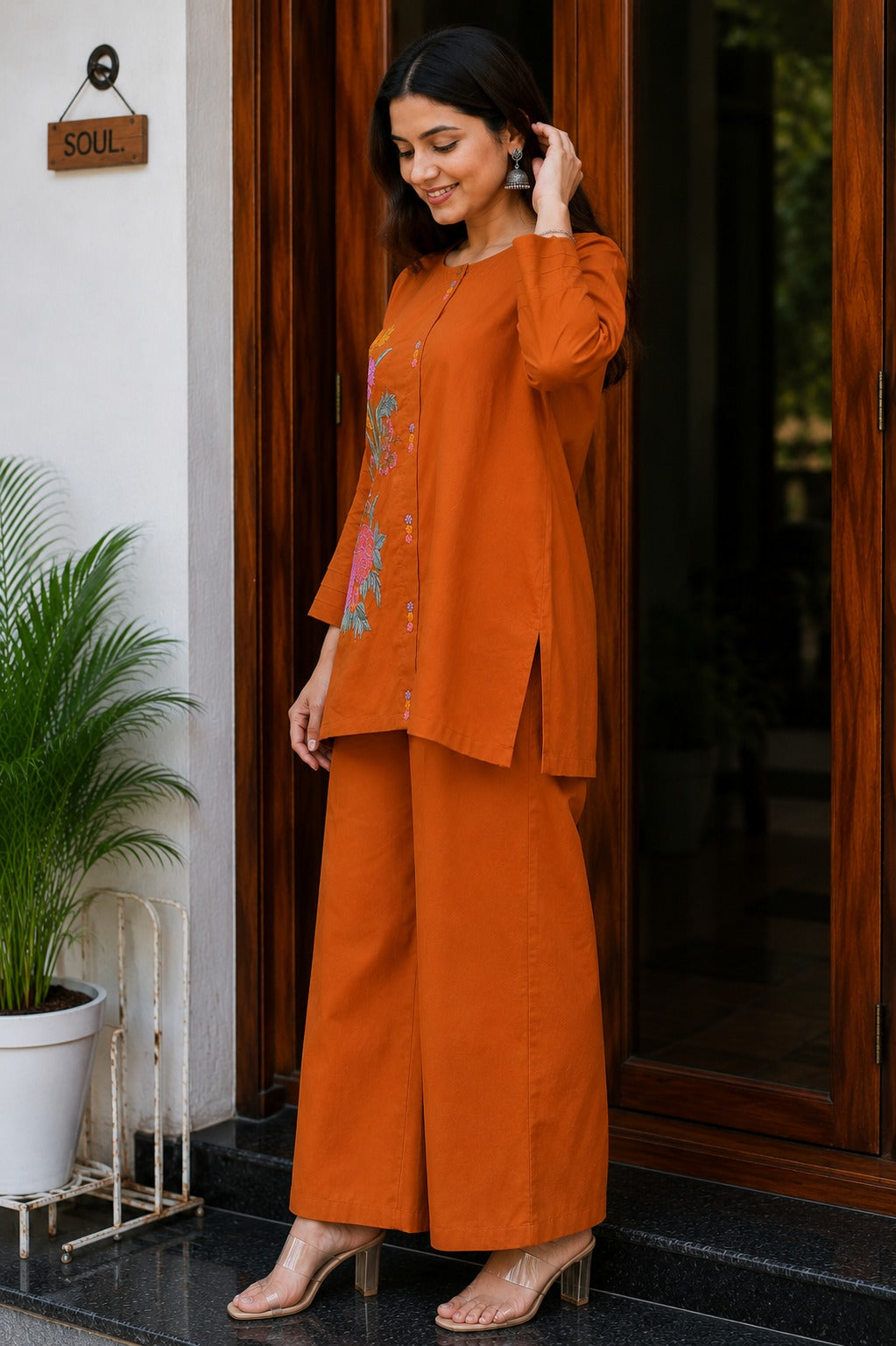 Ava Elegant Rust Orange Cotton Co-ord Set with Floral Embroidery