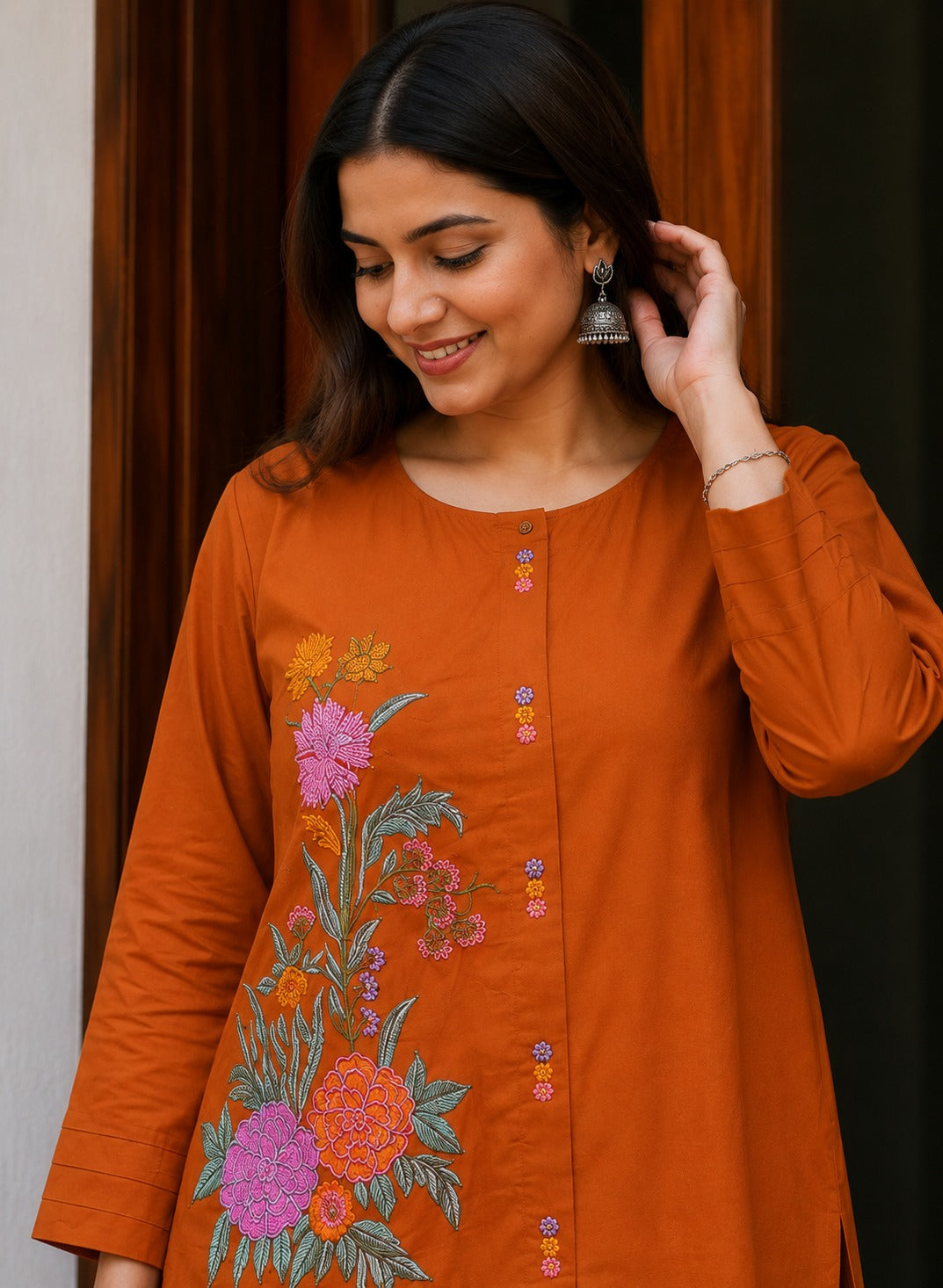 Ava Elegant Rust Orange Cotton Co-ord Set with Floral Embroidery