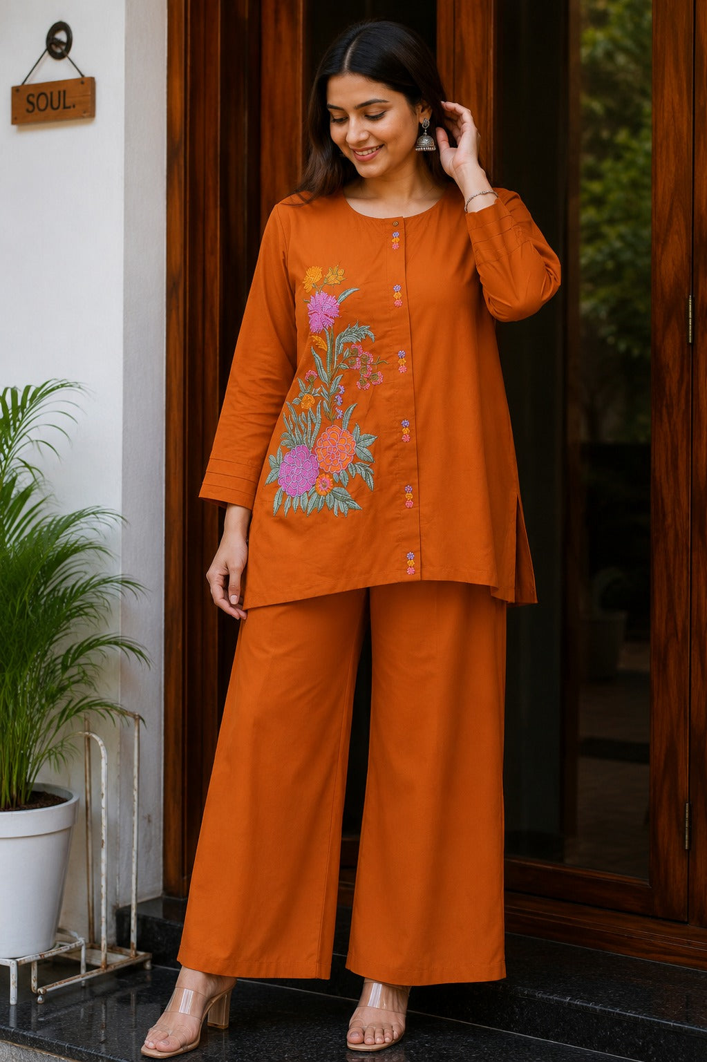Ava Elegant Rust Orange Cotton Co-ord Set with Floral Embroidery
