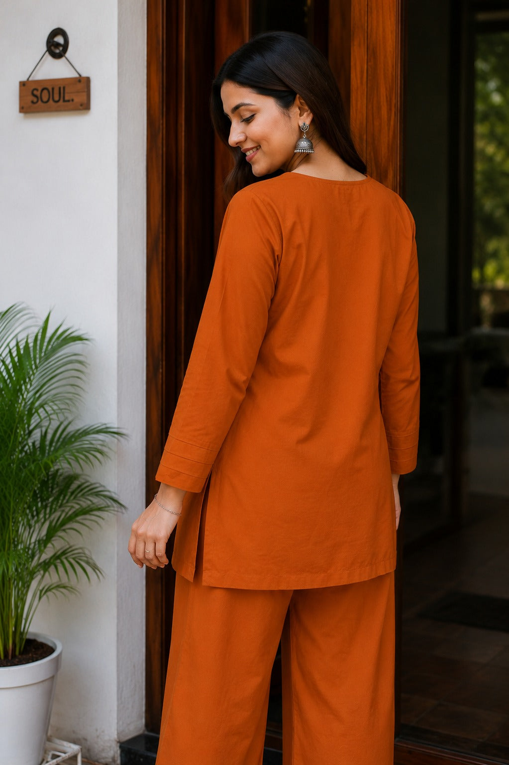 Ava Elegant Rust Orange Cotton Co-ord Set with Floral Embroidery
