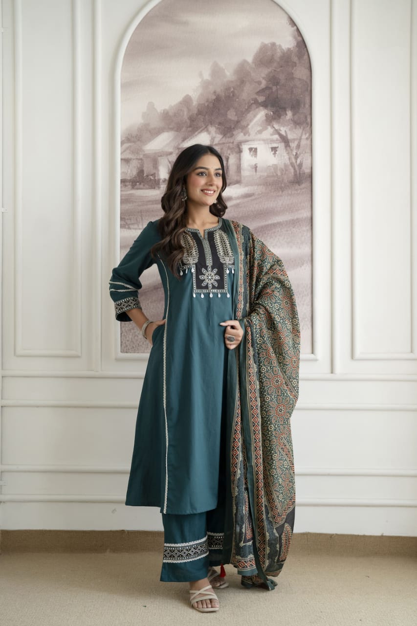 Kailani Teal Blue Embroidered Cotton Suit Set
