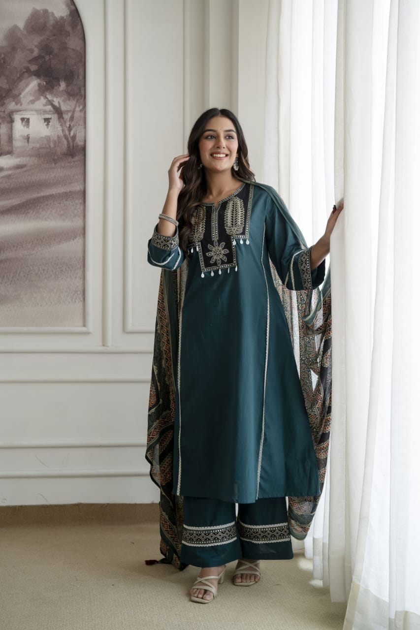 Kailani Teal Blue Embroidered Cotton Suit Set