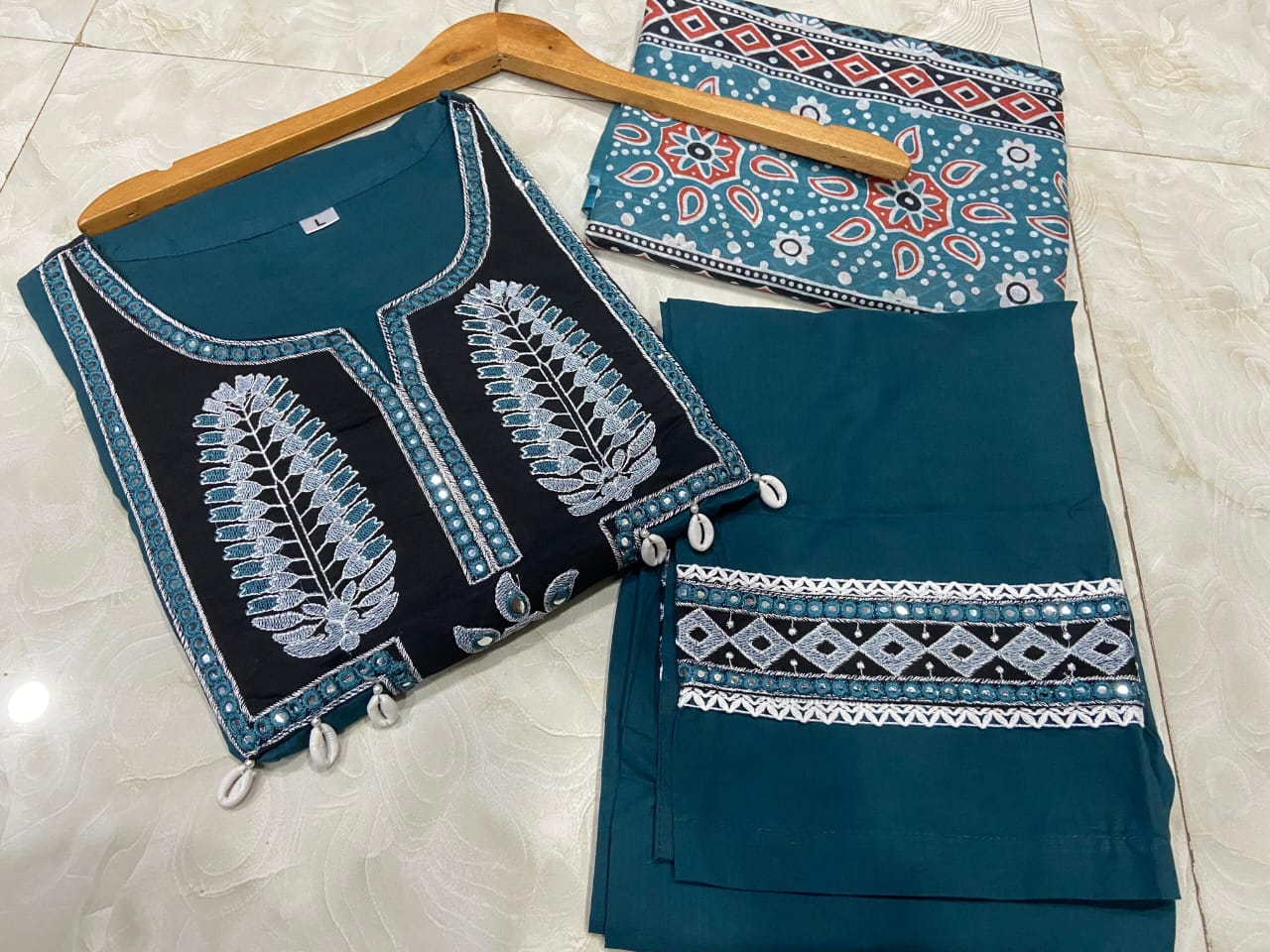 Kailani Teal Blue Embroidered Cotton Suit Set