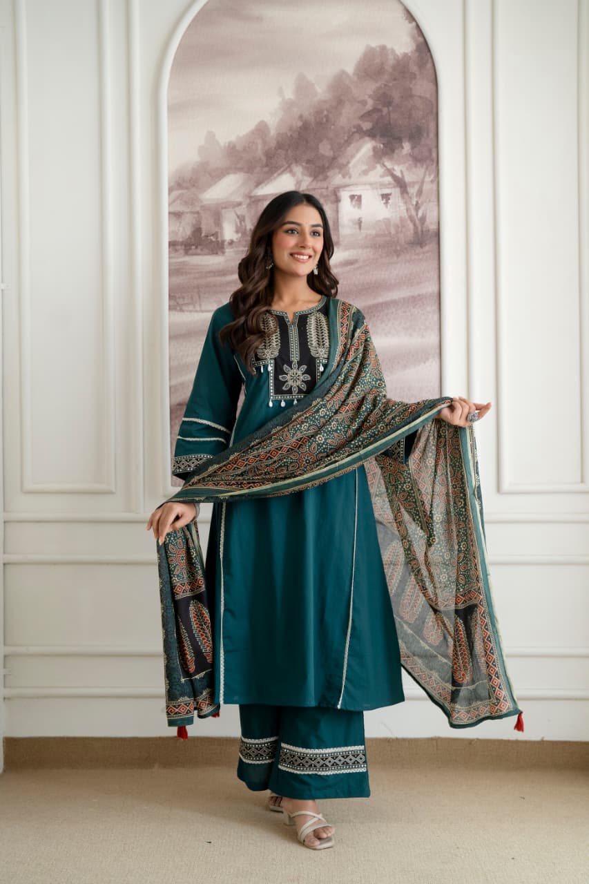Kailani Teal Blue Embroidered Cotton Suit Set