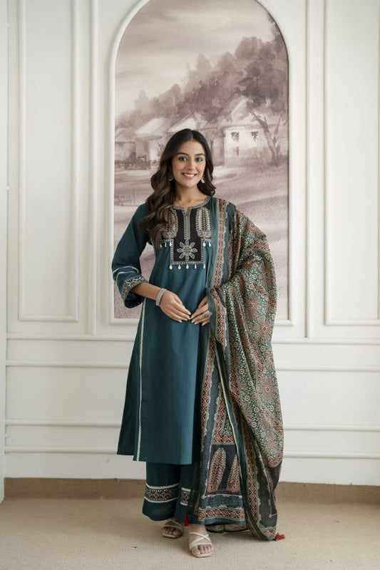 Kailani Teal Blue Embroidered Cotton Suit Set