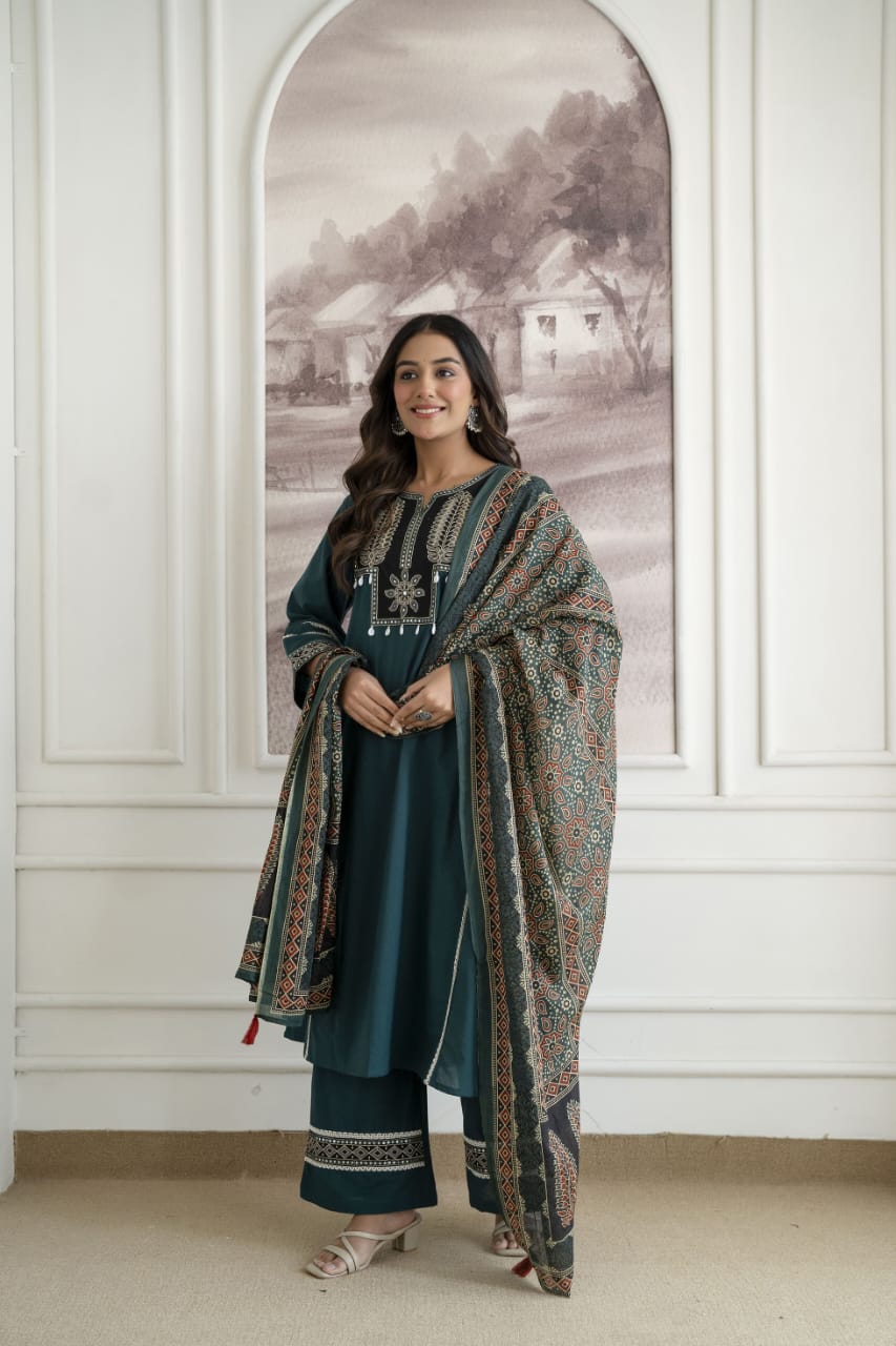 Kailani Teal Blue Embroidered Cotton Suit Set