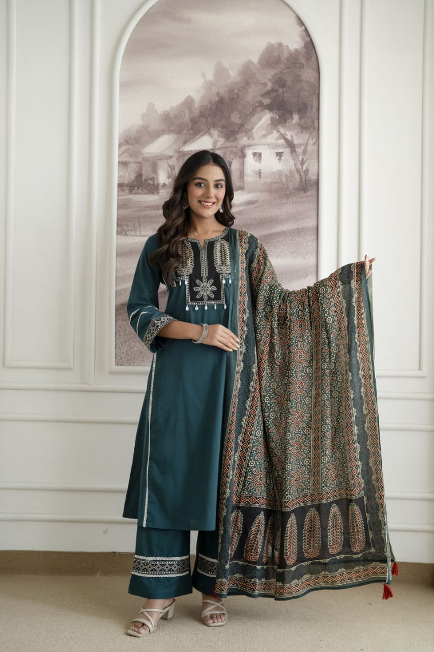 Kailani Teal Blue Embroidered Cotton Suit Set