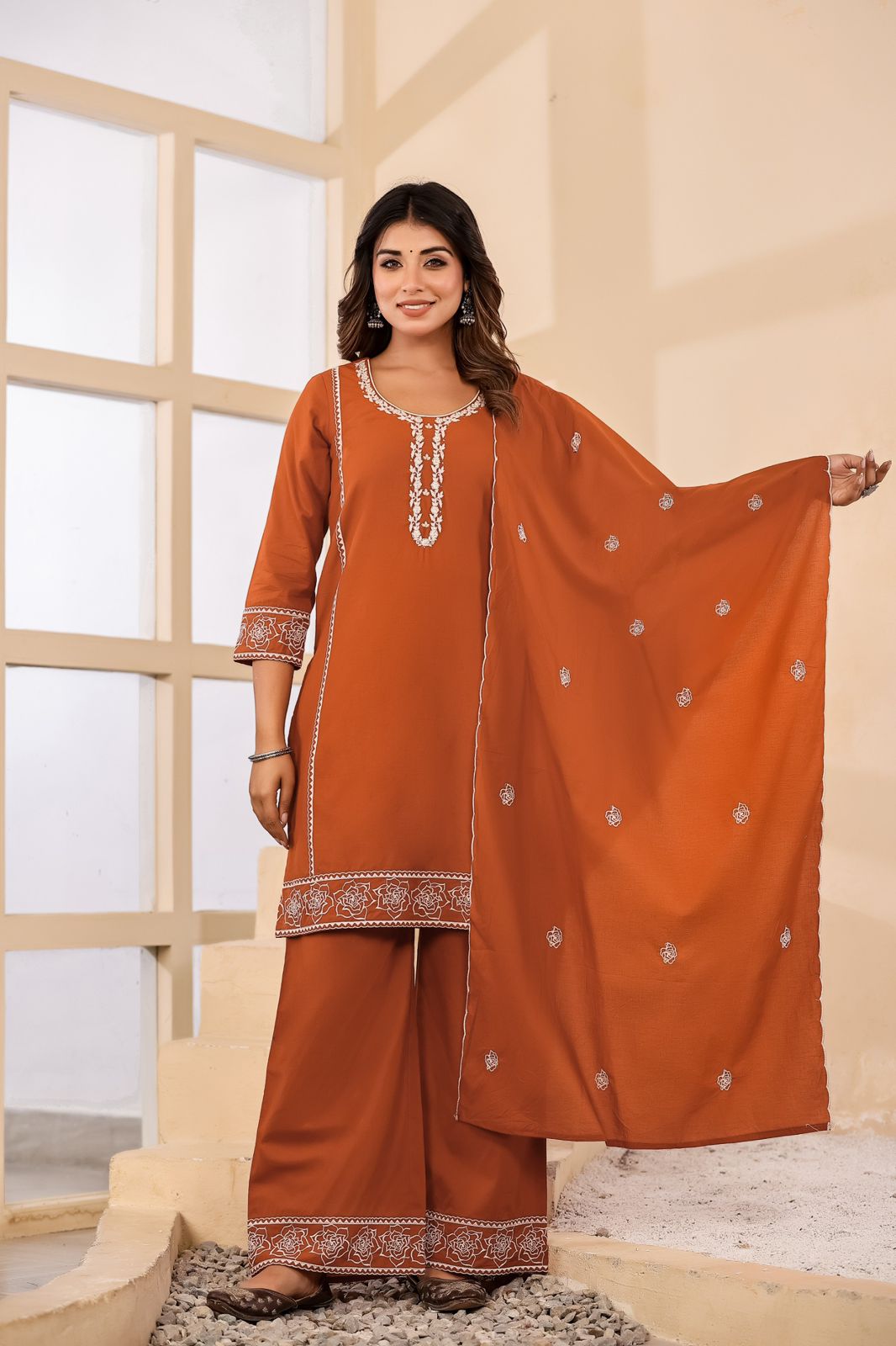 Alara Rust Orange Embroidered Cotton Suit Set