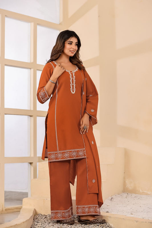 Alara Rust Orange Embroidered Cotton Suit Set