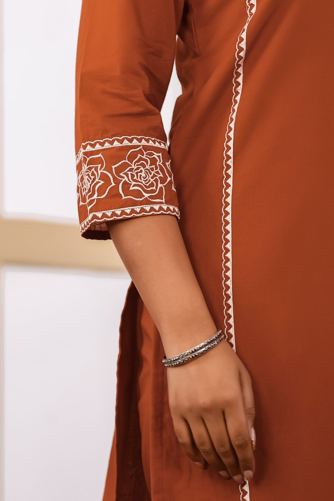 Alara Rust Orange Embroidered Cotton Suit Set