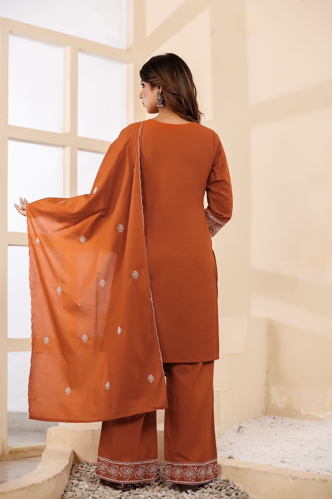 Alara Rust Orange Embroidered Cotton Suit Set