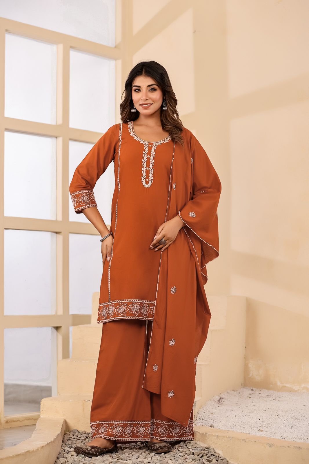 Alara Rust Orange Embroidered Cotton Suit Set