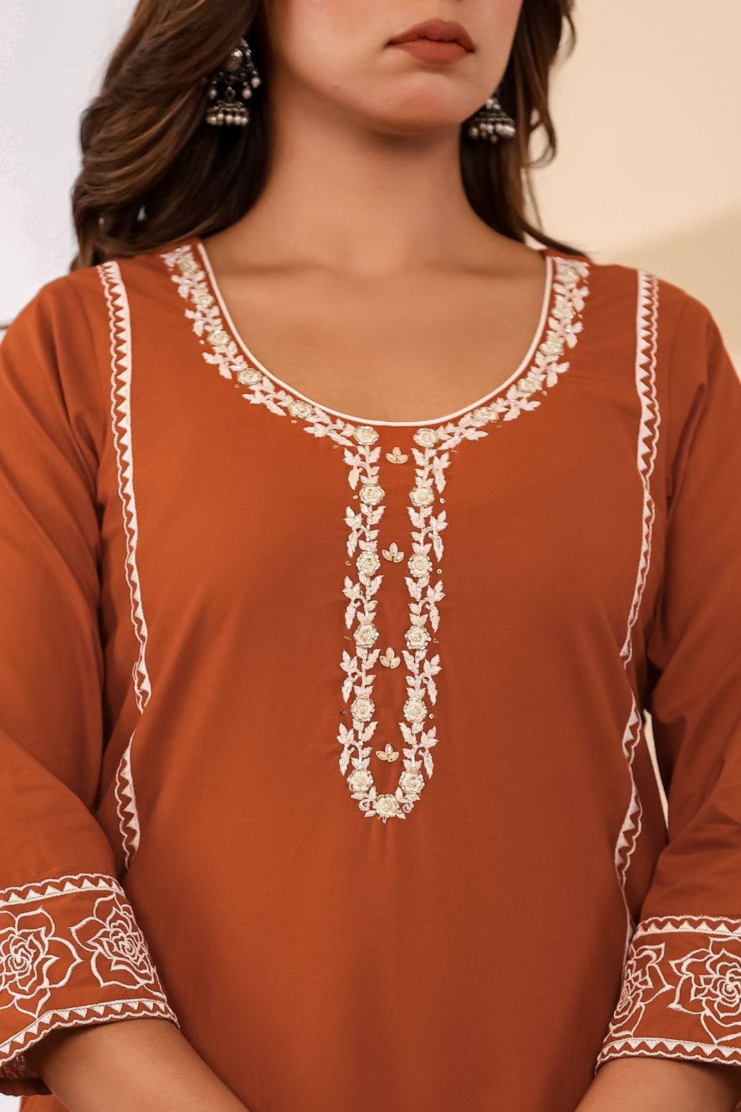 Alara Rust Orange Embroidered Cotton Suit Set