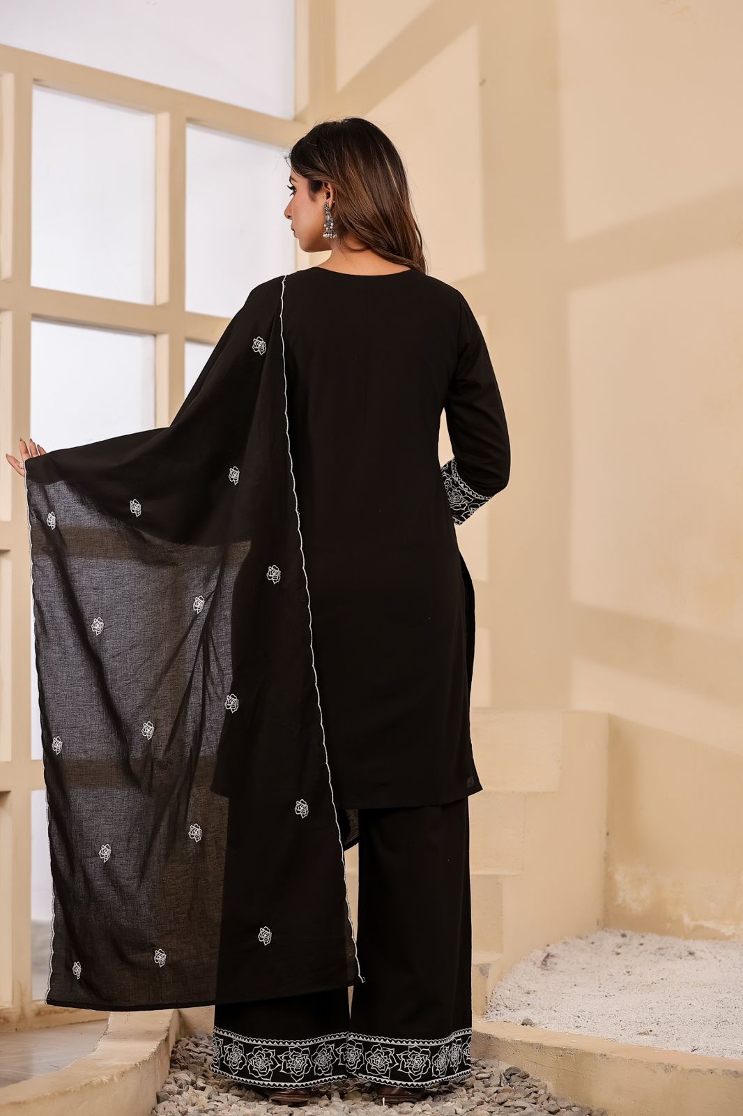 Jaslyn Classic Black Embroidered Cotton Suit Set