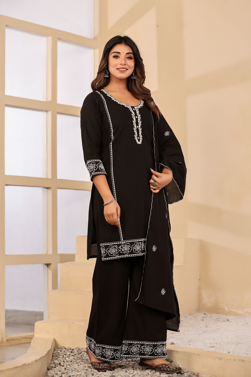 Jaslyn Classic Black Embroidered Cotton Suit Set