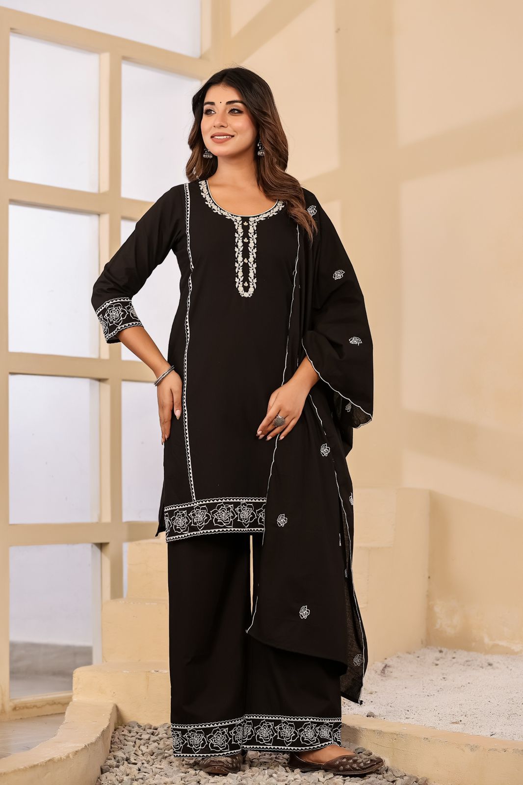 Jaslyn Classic Black Embroidered Cotton Suit Set