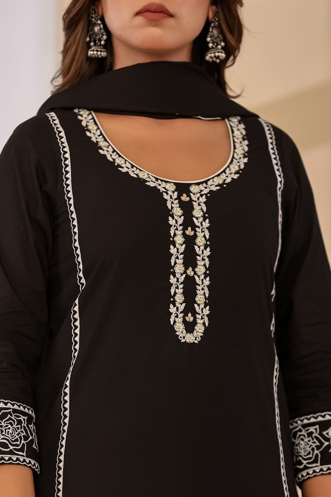 Jaslyn Classic Black Embroidered Cotton Suit Set