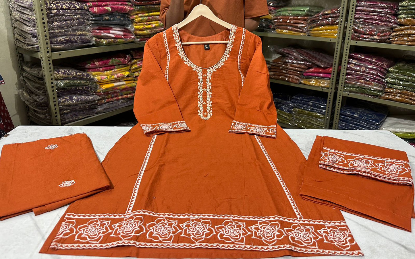 Alara Rust Orange Embroidered Cotton Suit Set