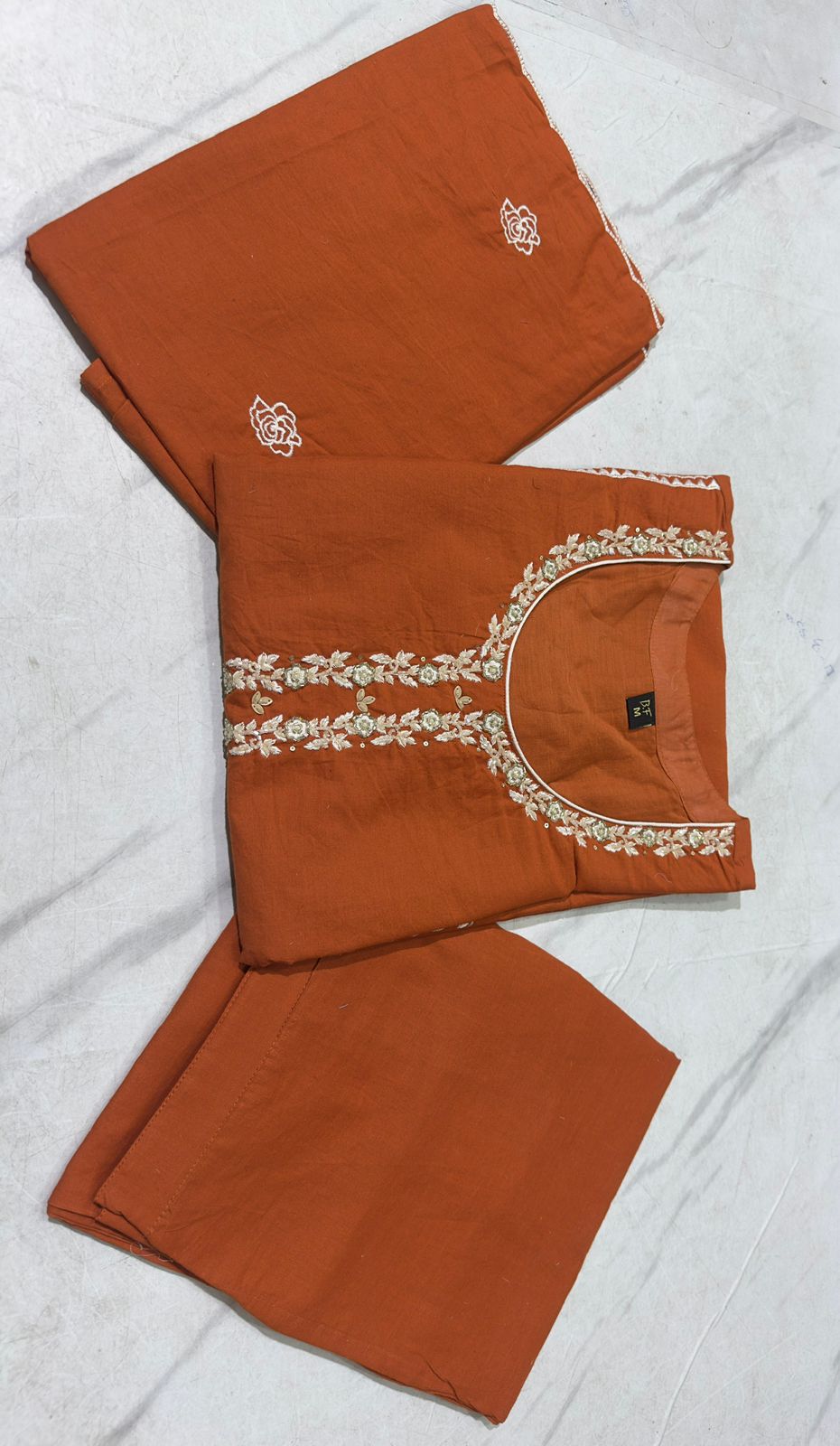 Alara Rust Orange Embroidered Cotton Suit Set