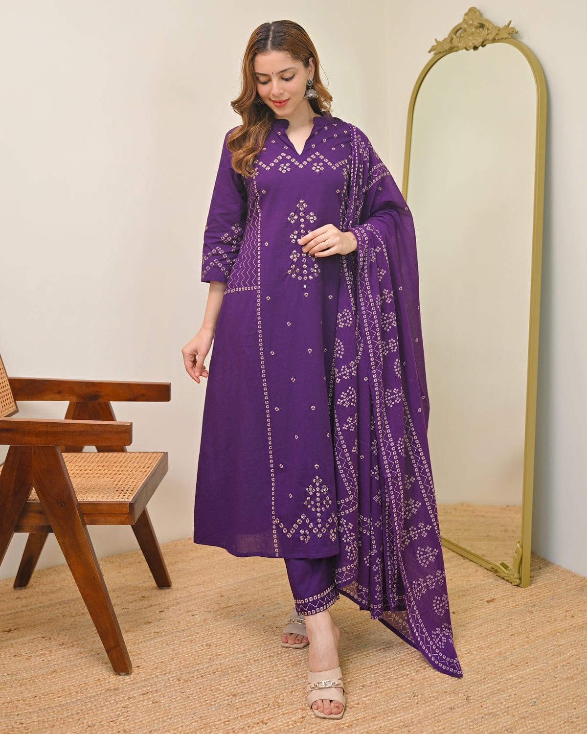 Sophia Plum Purple Bandhej Suit Set