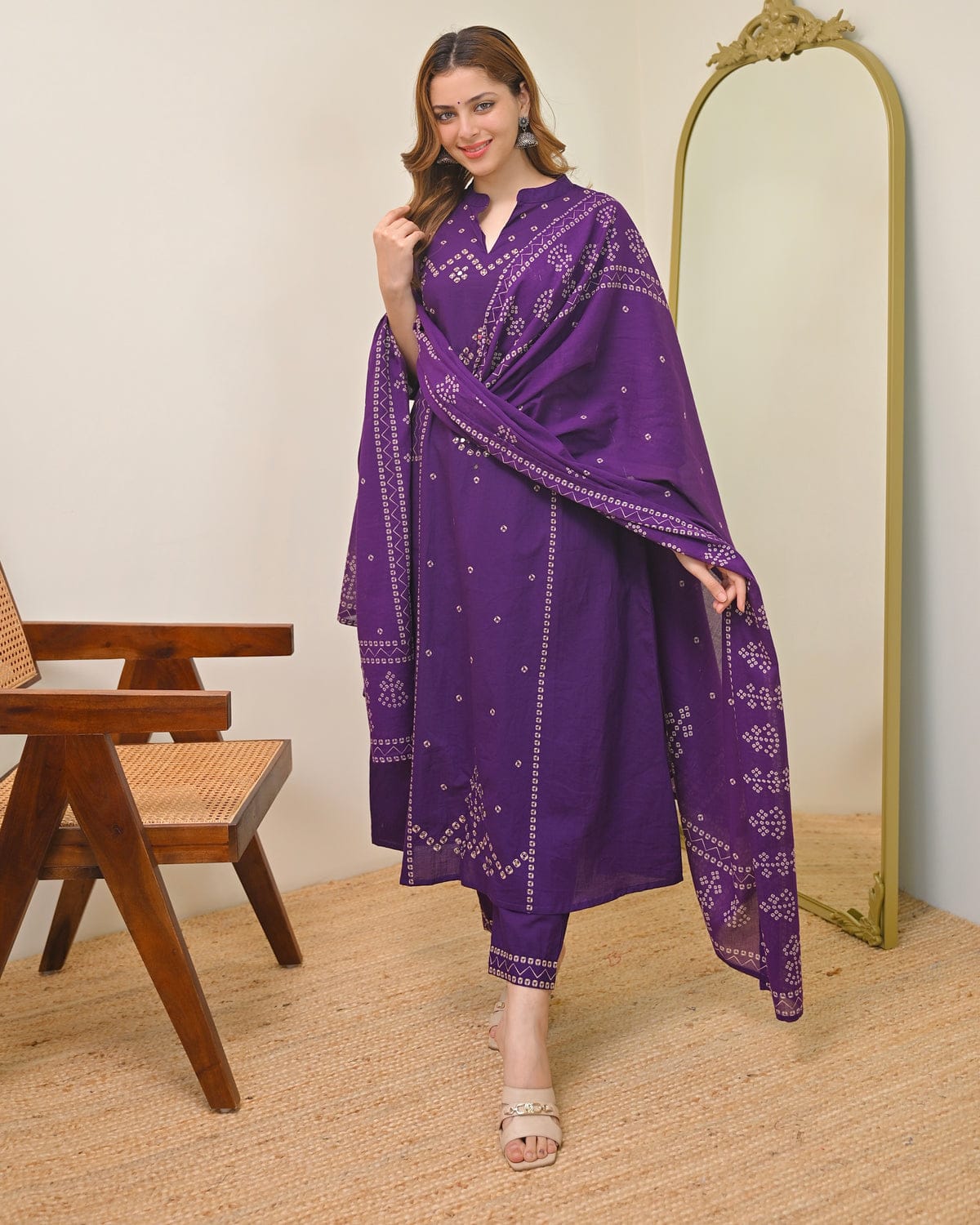 Sophia Plum Purple Bandhej Suit Set