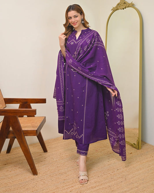 Sophia Plum Purple Bandhej Suit Set
