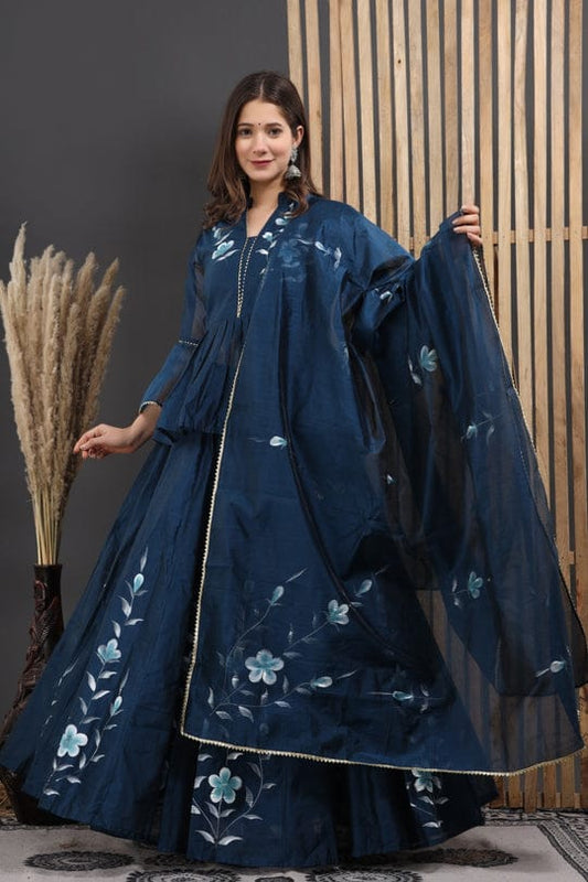 Amelia Navy Blue Hand Painted Chanderi Lehenga Set
