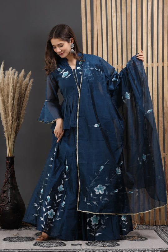 Amelia Navy Blue Hand Painted Chanderi Lehenga Set