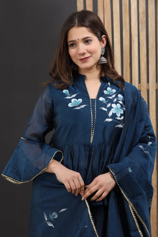 Amelia Navy Blue Hand Painted Chanderi Lehenga Set
