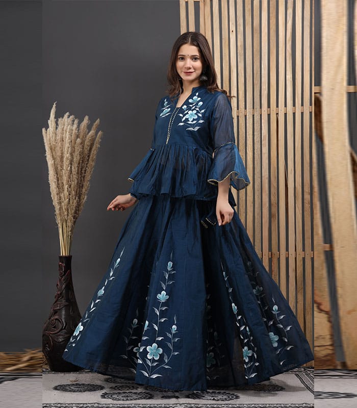 Amelia Navy Blue Hand Painted Chanderi Lehenga Set