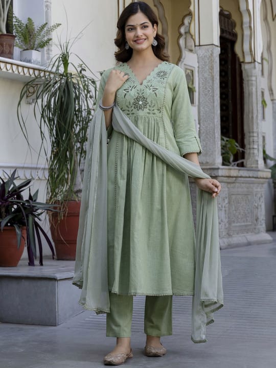 Latika Sage Green Cotton Slub Embroidered Anarkali Kurta Set