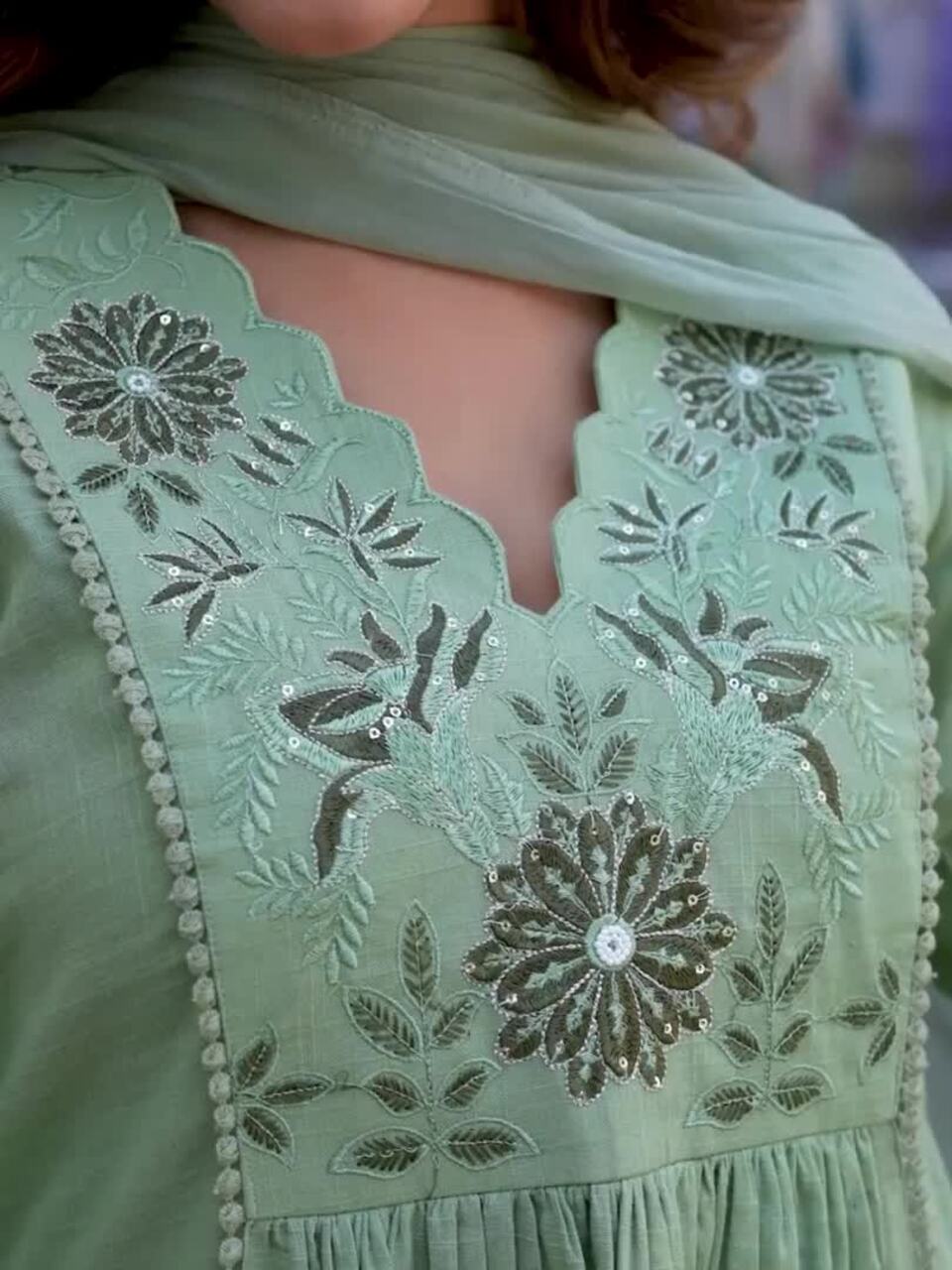 Latika Sage Green Cotton Slub Embroidered Anarkali Kurta Set