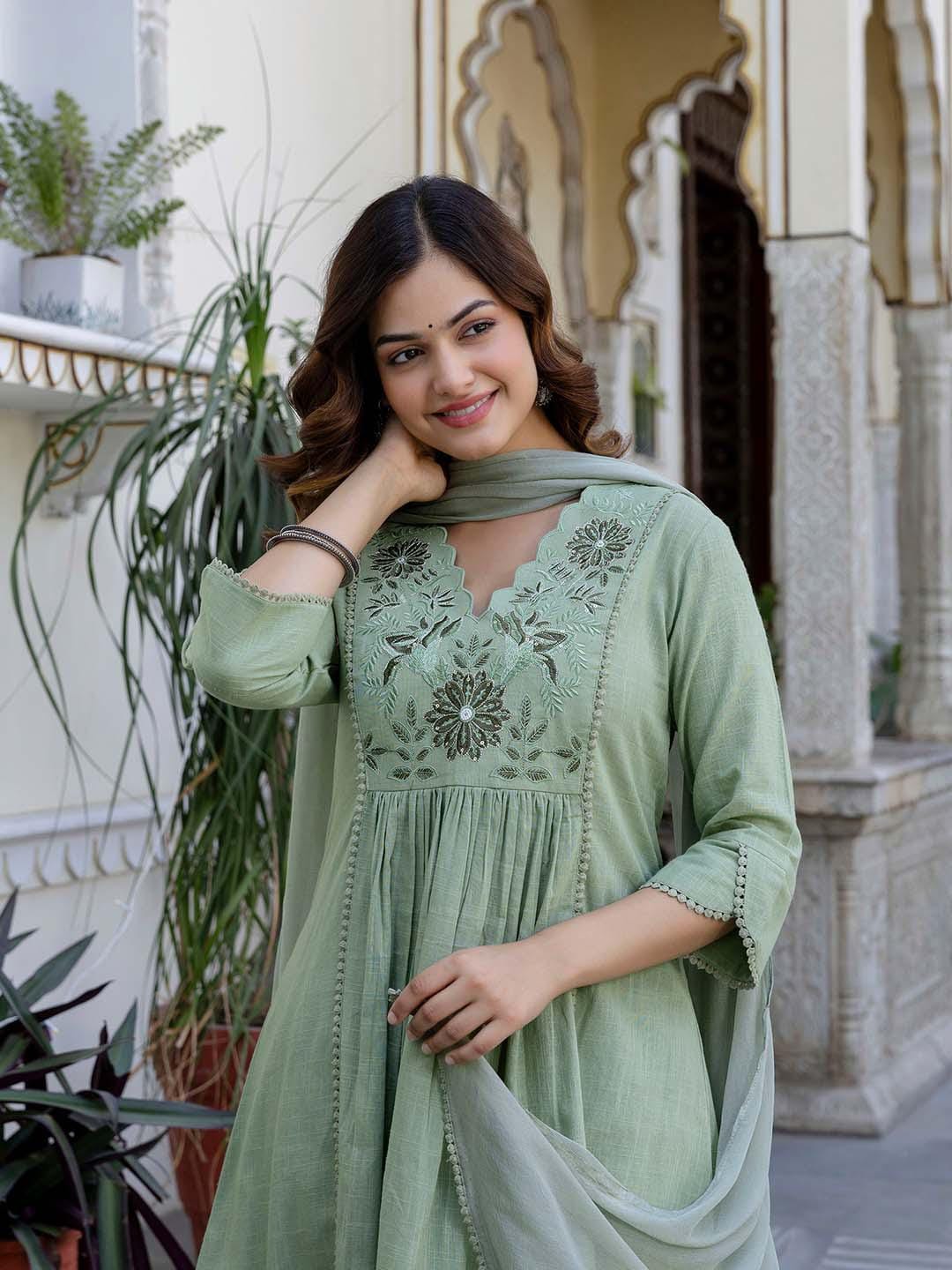 Latika Sage Green Cotton Slub Embroidered Anarkali Kurta Set