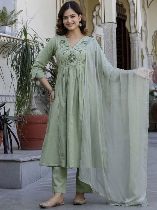 Latika Sage Green Cotton Slub Embroidered Anarkali Kurta Set