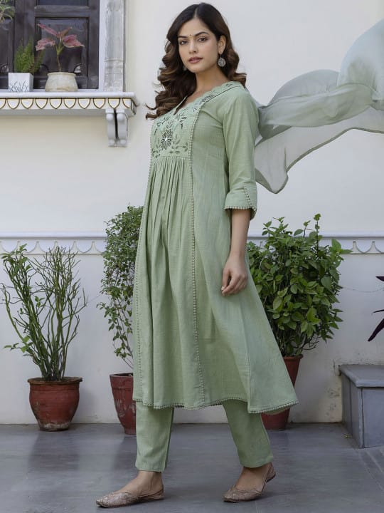 Latika Sage Green Cotton Slub Embroidered Anarkali Kurta Set