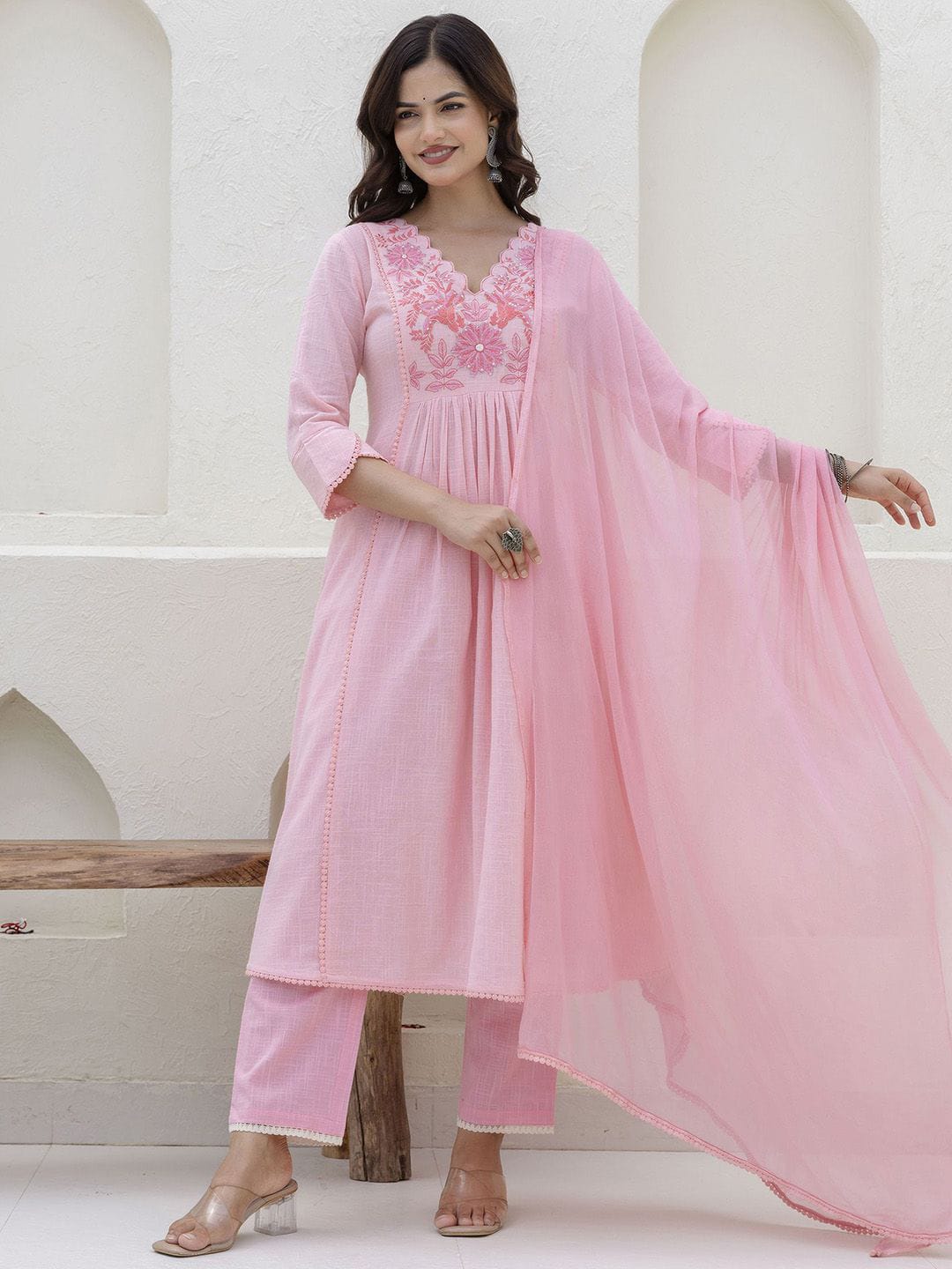 Aanya Baby Pink Cotton Slub Embroidered Kurta Set