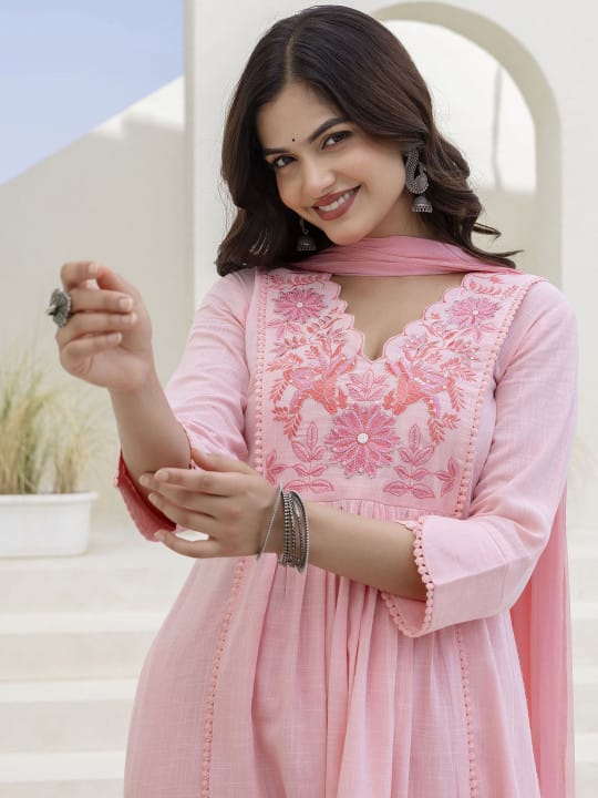 Aanya Baby Pink Cotton Slub Embroidered Kurta Set