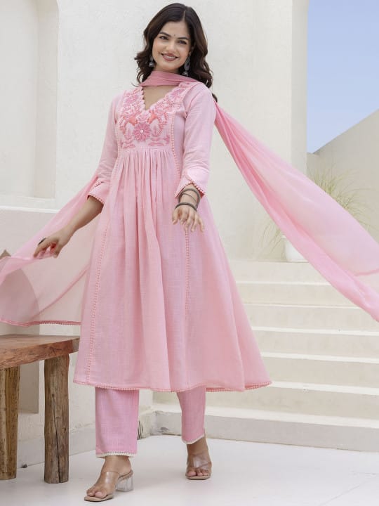 Aanya Baby Pink Cotton Slub Embroidered Kurta Set
