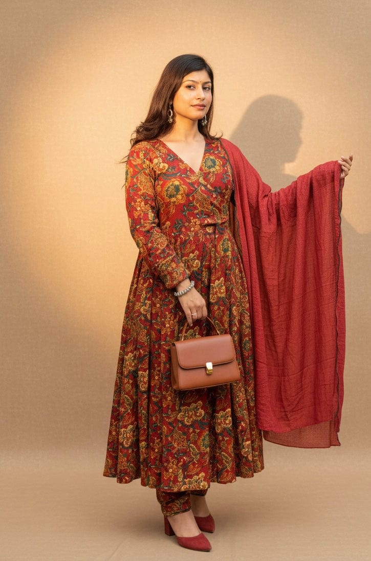 Angrakha Maroon Floral Kalamkari Anarkali Cotton Suit Set