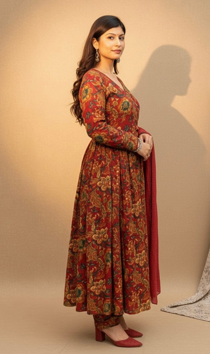 Angrakha Maroon Floral Kalamkari Anarkali Cotton Suit Set